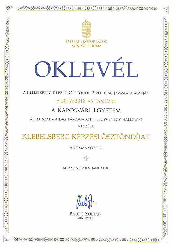Klebelsberg-ösztöndíj gyógypedagógus hallgatóknak | Kaposvári Egyetem 20180111 klebelsberg oklevel
